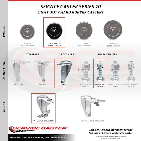 Service Caster 3.5 Inch Hard Rubber Wheel Swivel 3/8 Inch Threaded Stem Caster with Brake SCC SCC-TS20S3514-HRS-TLB-381615